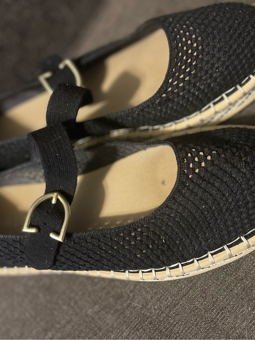 Rothy's Black Knit Mary Jane Espadrilles with Gold Buckle